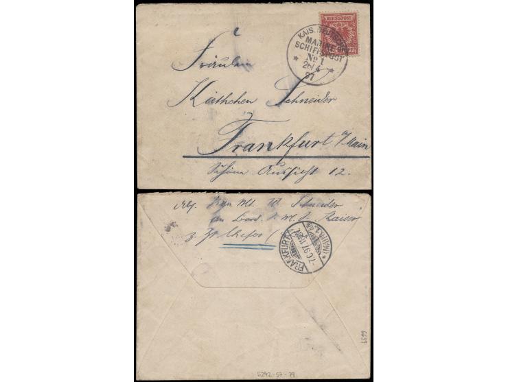 1897年4月26日自停泊於煙台的德國戰艦Kaiser號寄德國封，貼德國票10芬尼，銷德國海軍郵局No. 1日戳。背面蓋有法蘭克福（6月7日）到達戳。可作青島開埠前德國戰艦游弋行蹤的參考。
