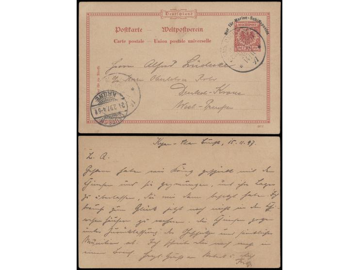 1897年11月14日德國10芬尼郵資片加蓋“Nur fur Marine-Schiffsposten”，自停泊於膠州的德國戰艦Prinzess Wilhelm號寄德國，銷德國海軍郵局No. 5日戳，旁蓋Krone（12月24日）到達戳。此為德國佔領