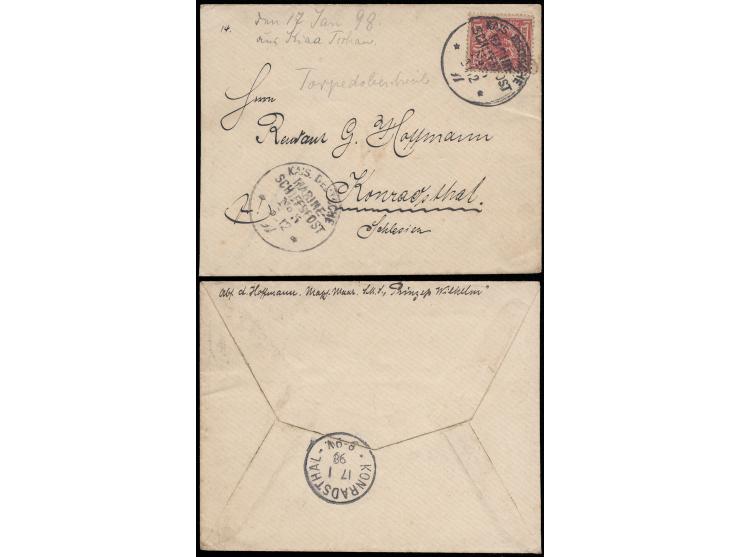 f.w. German 10pf, tied by Kais. Deutsche Marine Schiff post No. 5 cds. On reverse with Konradsthal (Jan 17) arrival cds.