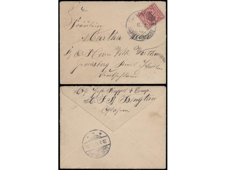 1898年2月12日青島寄德國封，貼德國票10芬尼，銷青坦要塞（Tsintanfort）海軍軍郵局日戳。背蓋蓋沃爾斯貝格（3月30日）到達戳。