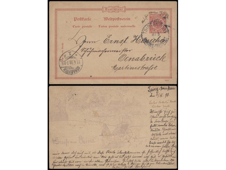 1898年3月11日德國10芬尼郵資片自青島寄德國，銷青坦要塞（Tsintanfort）海軍軍郵局日戳，旁蓋奧斯納布魯克（4月17日）到達戳。內容一面帶圖案。寄件人地址為“Tsing-tau-kau”。