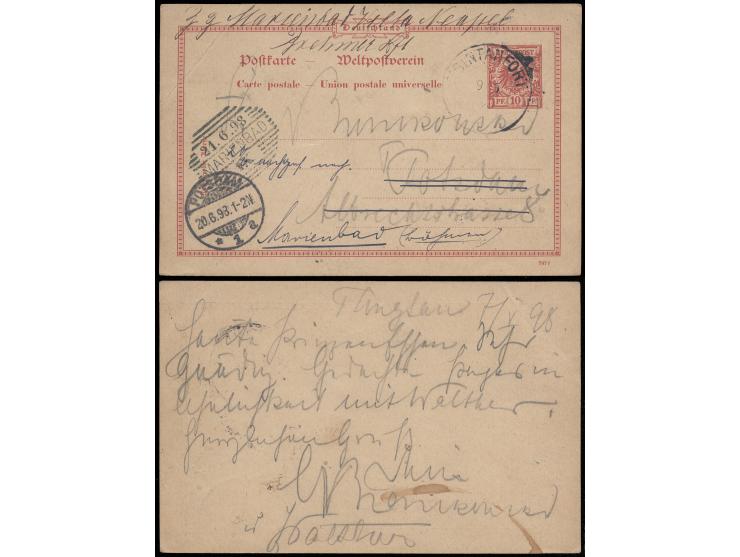 1898年5月9日德國10芬尼郵資片自膠州寄德國，再改寄奧國，銷青坦要塞（Tsintanfort）日戳，經波茨坦（6月20日），並改寄瑪麗亞溫泉市（6月21）銷到達戳。