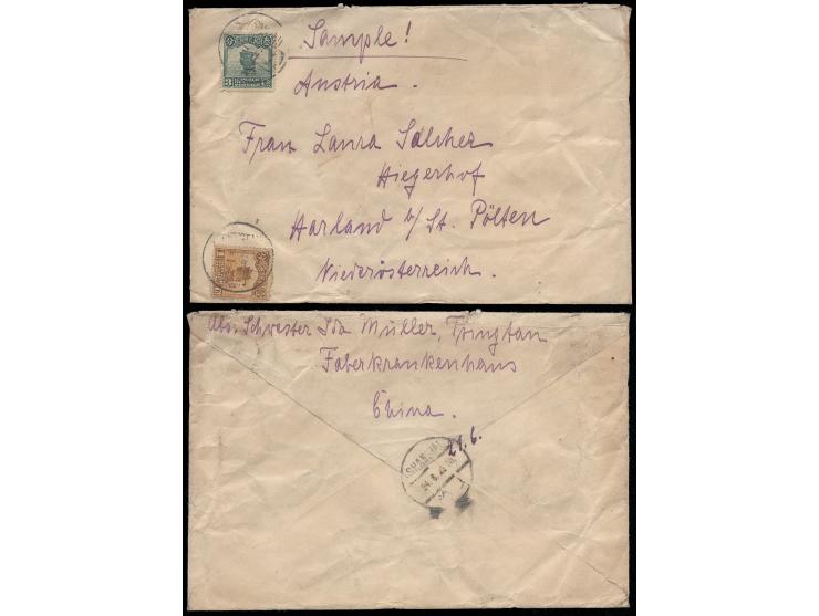 1923年6月21日青島寄奧地利印刷品封，貼帆船1分及3分票各一枚，銷青島腰框英漢日戳。背面蓋有上海（6月24日）中轉戳。