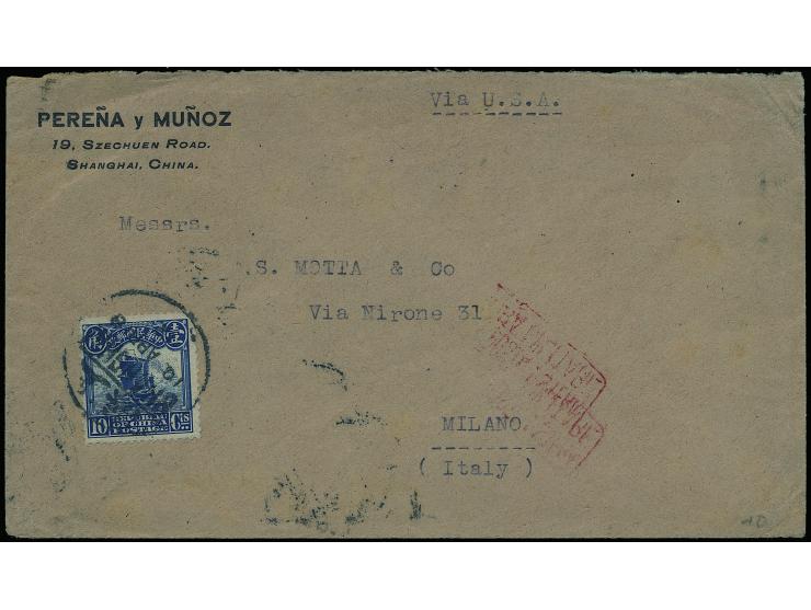 f.w. Junk 10c, tied by Shanghai bisected bilingual cds. On reverse bearing Shanghai cds. and two types of censor marks. VF-F.