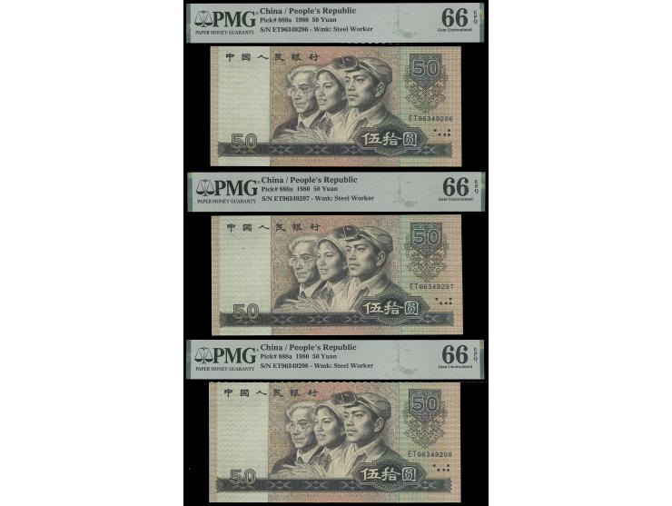 1980 50 Yuan x 3 (P-888a), consecutive serial nos.: ET96349296-96349298. All Gem UNC. PMG 66EPQ.