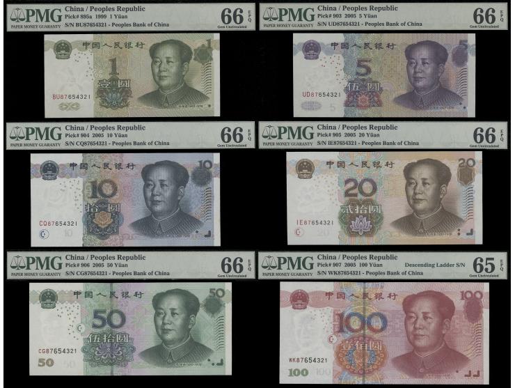 1999 1 Yuan, 2005 5 Yuan, 10 Yuan, 20 Yuan, 50 Yuan and 100 Yuan, all with the same Descending Ladder serial no.: 87654321. G