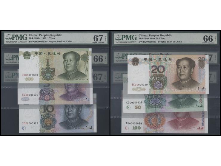1999 1 Yuan, 5 Yuan, 10 Yuan, 20 Yuan, 50 Yuan and 100 Yuan, all with the same serial no.: 00000929. Gem Uncirculated-Superb 