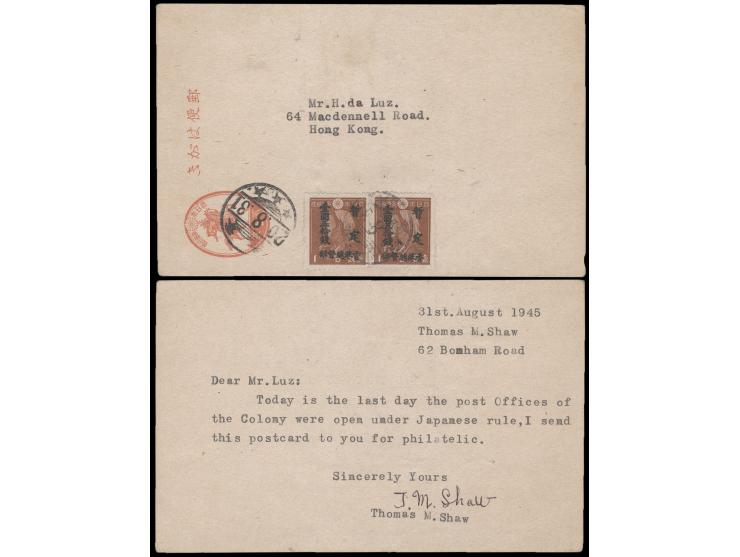 uprated by Surch. Hong Kong Government 1.5Y pair, tied by Hong Kong cds. Card sent from famous philatelist Thomas Shaw to H. 