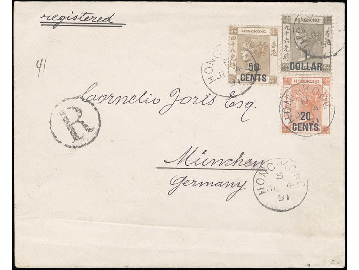 f.w. complete set of QV 3rd surch. Issue, tied by HK cds., on reverse with Germany arrival cds. Only one cover with full set 