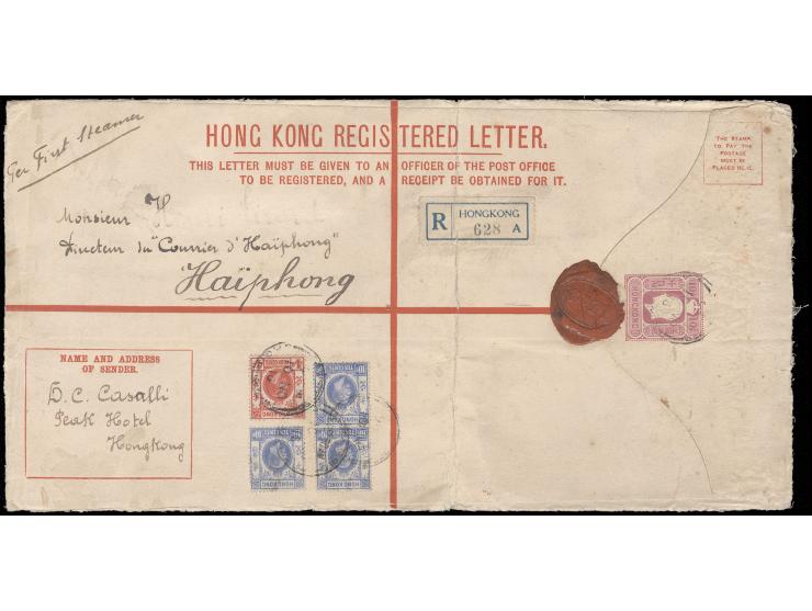 from Hong Kong registered to Haiphong, Indo China, uprated by KGV 10c x 3 and 4c x 1, tied by Hong Kong cds., with Haiphong a