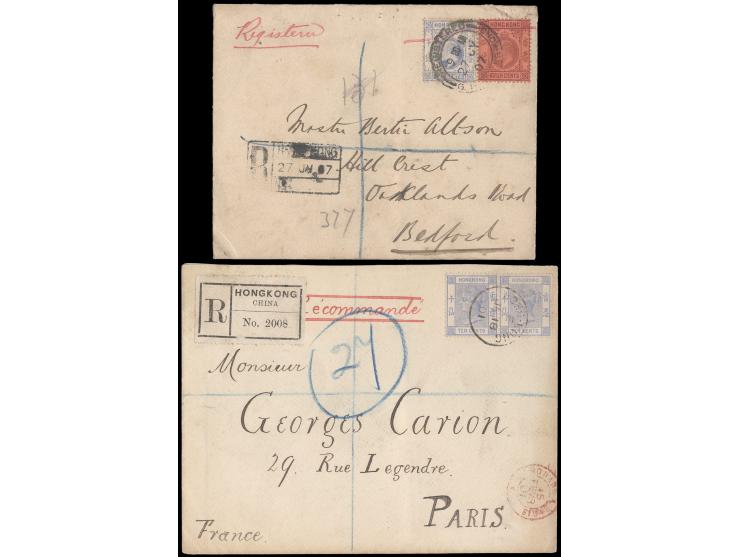 f.w. QV 10c in pair or KEVII 4c &amp; 10c, both with Boxed R registered chops, tied by Hong Kong cds., with arrival cds. VF-F