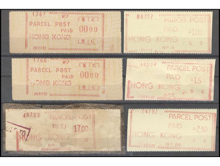 showing various postage rate, including three 1953 value $00.00 trial print labels. VF-F.