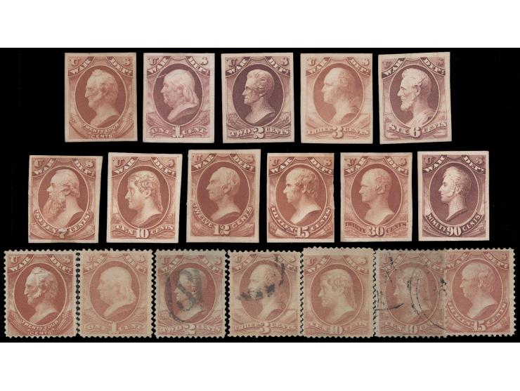 plus 2 mint and 5 used issued stamps. VF-F.