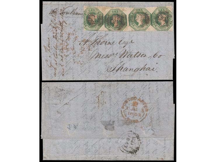 bearing QV 1 Shilling stamp strip of 4, canceled by #34 obliterators, on reverse showing Crowned POSTED AFTER 7 PM datestamp 