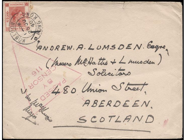f.w. KGVI 15c, tied by Hong Kong cds., along with "PASSED BY CENSOR 116" marking in red. VF-F.