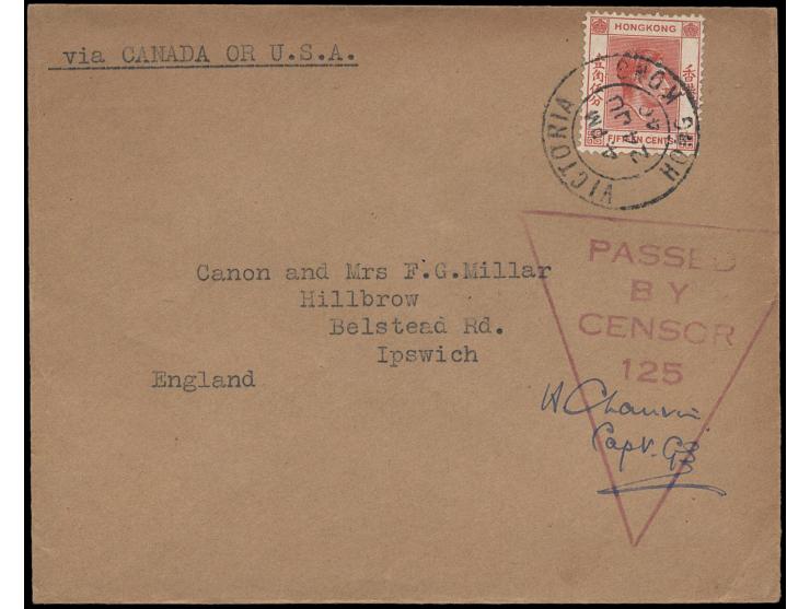 f.w. KGVI 15c, tied by Hong Kong cds., along with "PASSED BY CENSOR 125" censored marking in red. VF-F.