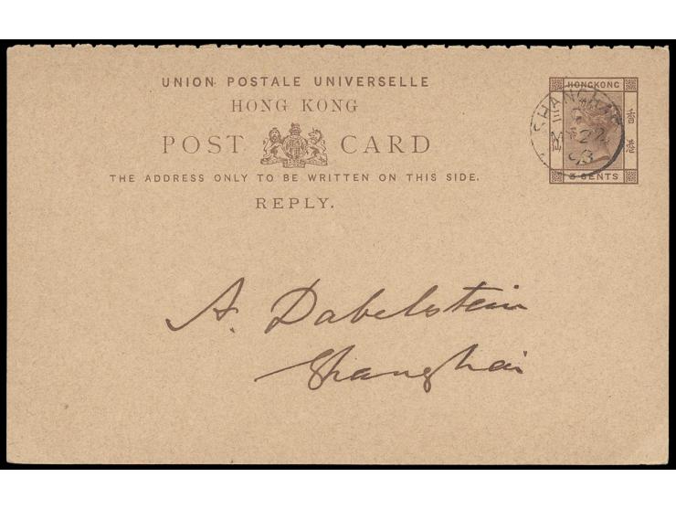 indicia cancelled by Shanghai cds., no message, the only usage of this "REPLY" card from Shanghai.