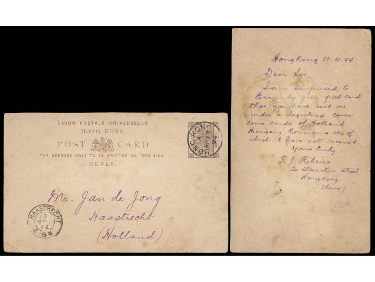 indicia cancelled by Hong Kong cds, with Haastrecht arrival (May 1) cds. alongside, few usage of this "REPLY" card.