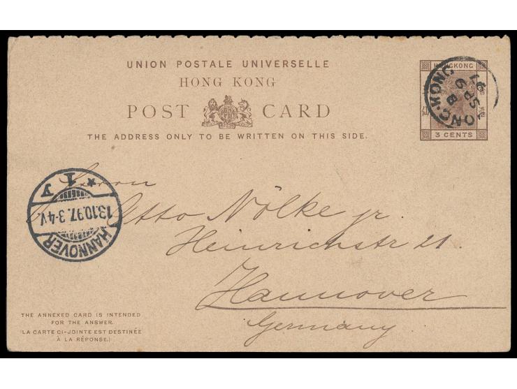 sent from Hong Kong to Germany, cancelled by Hong Kong cds., with written message on reverse. Rare.