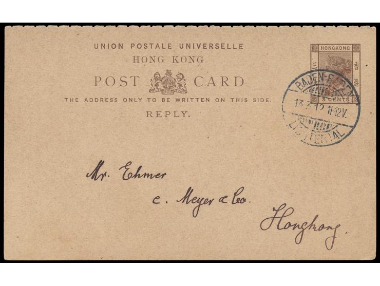 cancelled by Baden cds., less than 10 known uses of this REPLY card sent back from other countries, rare.
