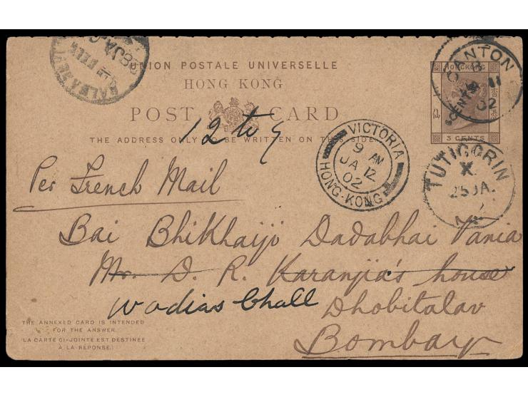 cancelled by Canton cds., with written message on reverse, Hong Kong transit and other arrival cds. on front.