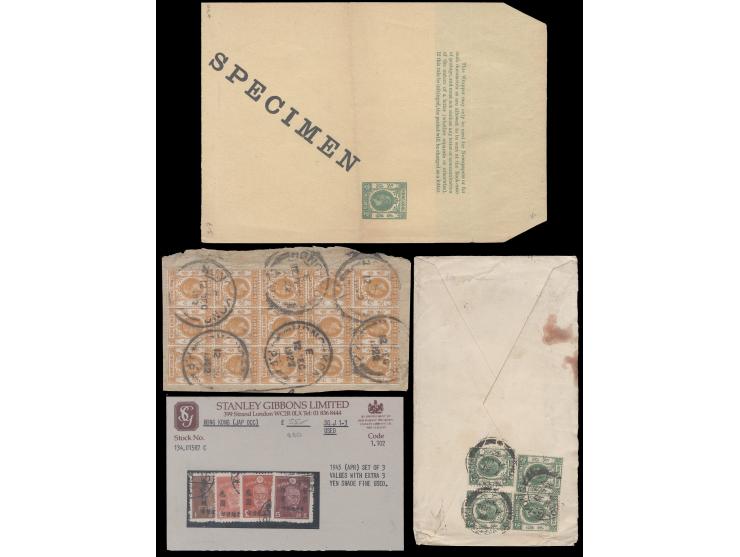 comprising one KGV cover, three KGV cover front or pieces, a 2c KGV postal wrapper ovpt. SPECIMEN and a set of 1945 Japanese 