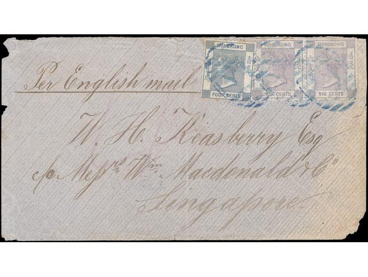 f.w. Hong Kong QV 4c and 6c pair, tied by blue Y1 obliterator, on reverse showing Yokohama, Hong Kong and Singapore cds. Cove