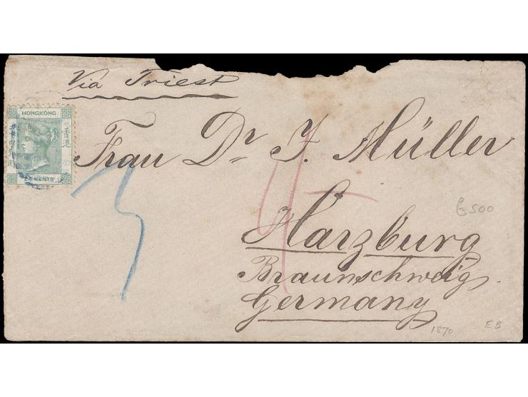 f.w. Hong Kong QV 24c, tied by blue Y1 obliterator, on reverse showing Yokohama, Hong Kong and Germany cds. Cover roughly ope
