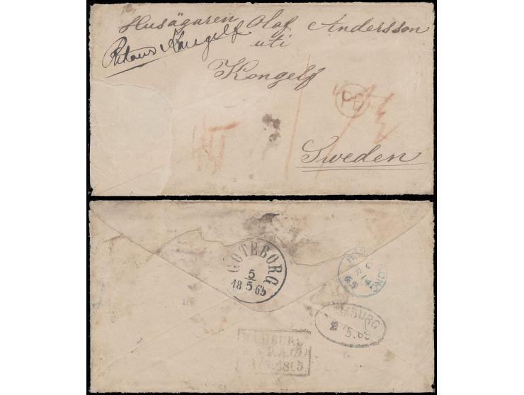 from lower left corner also removing part of the envelope. Red PD in circle on from with fee ratings. Blue HK CDS, Hamburg ov