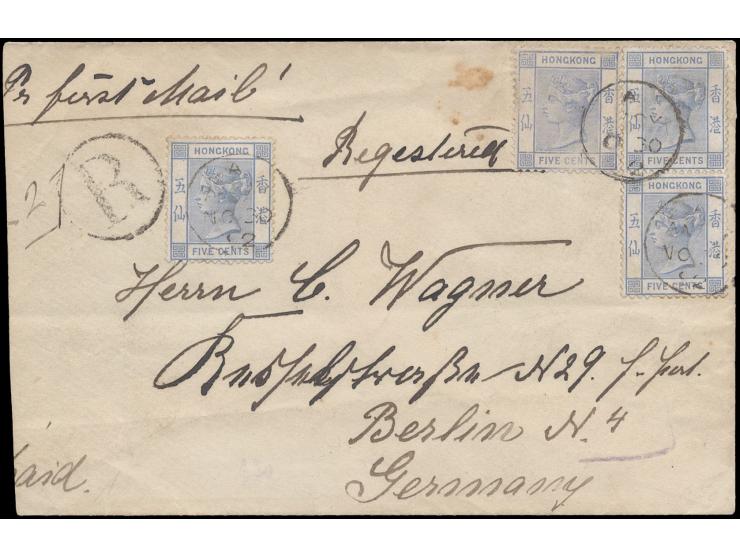 f.w. QV 5c x 4, tied by Hong Kong cds., on reverse with Hong Kong transit and Berlin, Germany arrival cds.
