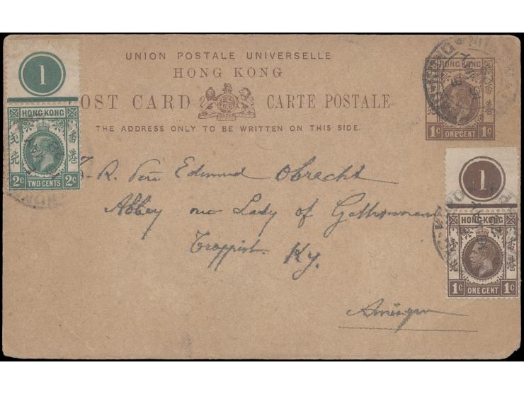 affixed with extra KGV 1c brown &amp; 2c green uprated stamps alongside and both stamps with (1) colour plate top margin. All