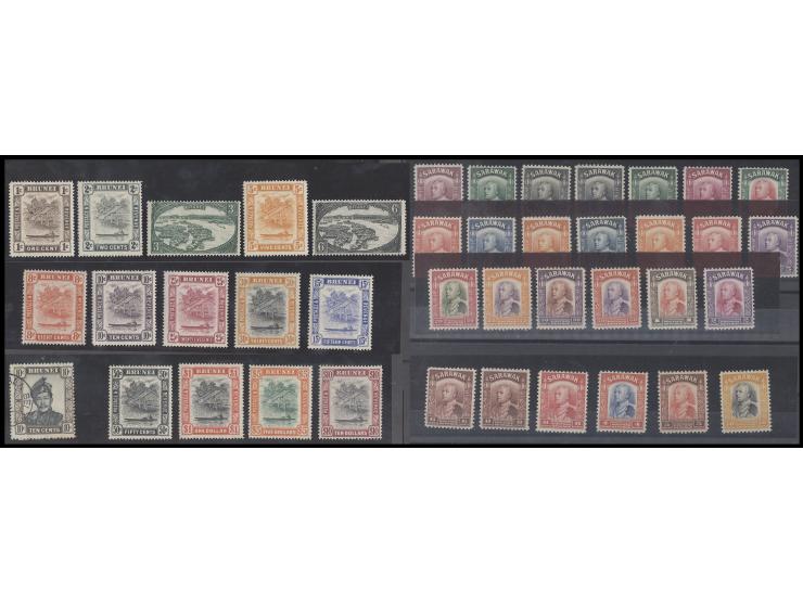 including Brunei 1947-51 1c to $10 set and 1930s-40s Sarawak 1c to $10 lot of 26. One used, other fresh MH with lovely origin