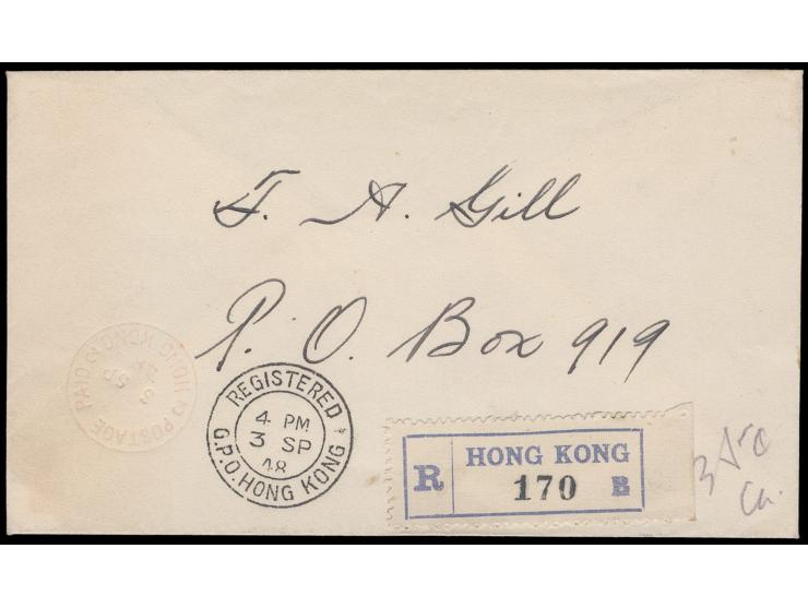 along with Registered G.P.O. Hong Kong cds. and an original registration receipt. Rare and desirable.