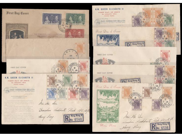 better including QEII 1st Issues FDCs with odd valuess or single stamps, QEII Coronations illustrative FDCs, KGVI Coronation 