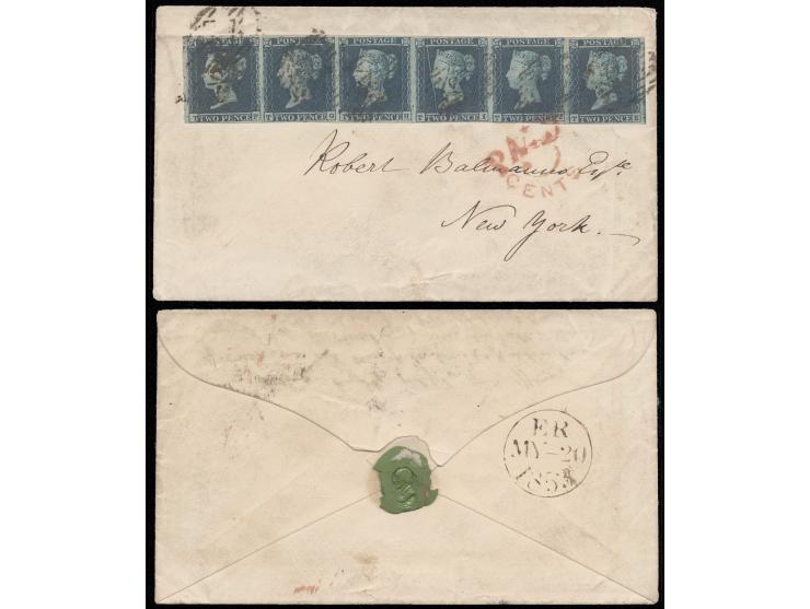 f.w. strip of six 2d blue, Plate 4, Imperforate, lettered T-F/ T-K (T-H re-entry, T-F, T-G first repair) (S.G. Spec ES14 c, m