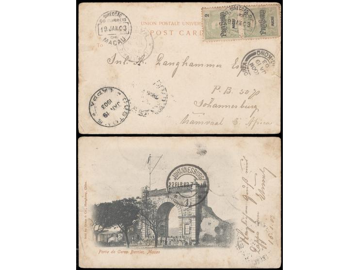 f.w. Carlos I PROVISORIO 2c pair, tied by Macau cds., along with Customs LAPPA cds., Hong Kong, Durban (Natal) transit and Jo