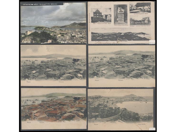 showing bird-eyes views and multiple views of Macau, including somerare real photo cards. Some postally used. A nice group. V