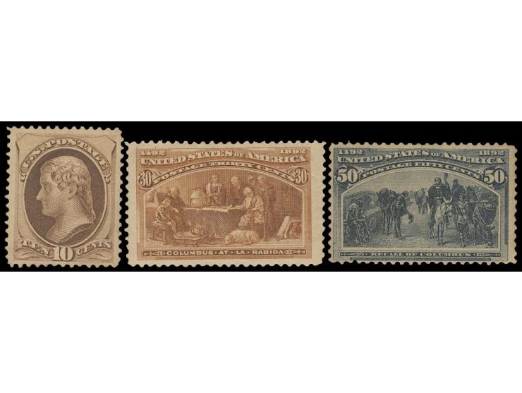comprising 1878 10c unused without gum, 1892 Colonbian 30c &amp; 50c, MH. 1878 10c &amp; 1892 30c with certificate.