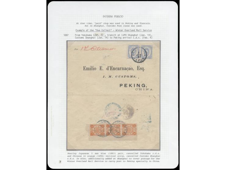 f.w. Japan New Koban 5s pair, tied by Yokohama cds., on reverse with Dowager 1st Print 1Cd. strip of 3, tied by Customs Shang