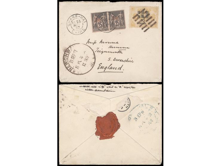 mixed franking with Dowager 3rd Print Large Figure Narrow Space 10c on 12Cd and French PO in China 25c pair, tied by Newchwan