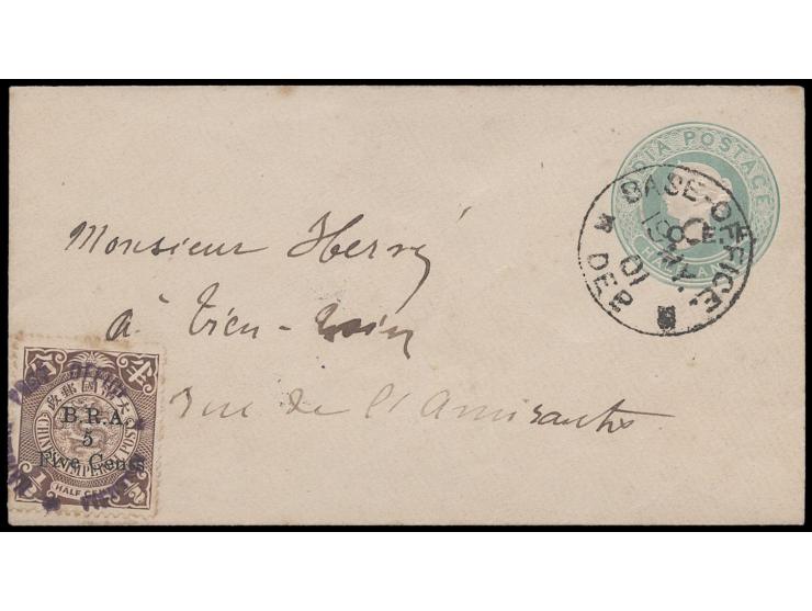 the B.R.A. stamp canceled by Tientsin postmarks. Mizuhara "Huayou Jijin II" vol. 7, p.90.