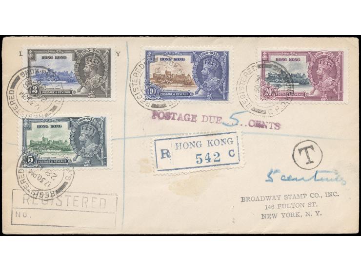 f.w. KGV Silver Jubilee set, charged 5c, with a "T" mark and "POSTAGE DUE __ CENTS" cachet alongside. U.S. transit and arriva
