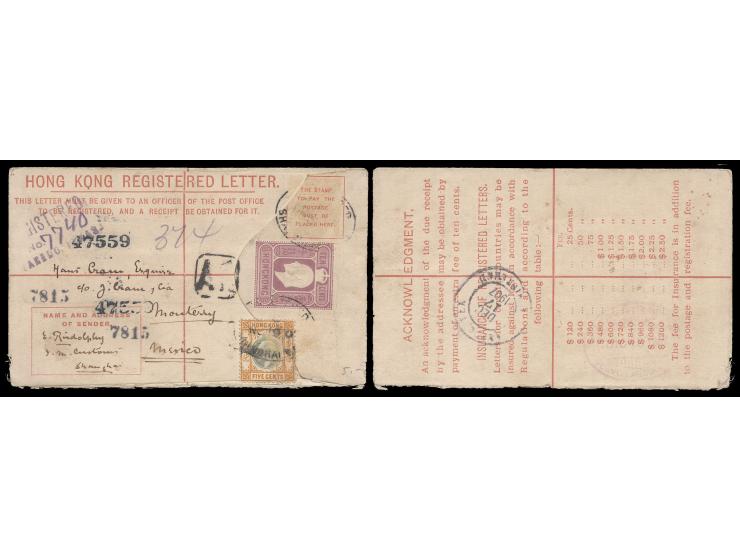 uprated by Hong Kong KEVII 5c (one stamp off), tied by Shanghai Br. PO oval datestamp, with boxed AR cachet alongside.
