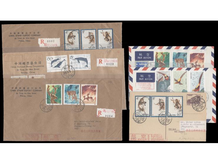 including T35, T40 x 2, T52 x 2 and T57, some with uprated postage on reverse, from Peking registered airmail printed matter 