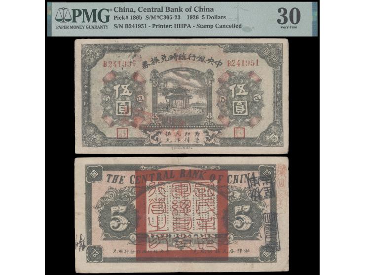 1926 Temp. Redeemable Note $5, serial no. B241951. With validation chops on front and back, scarce. Very Fine. PMG30. See Mr.