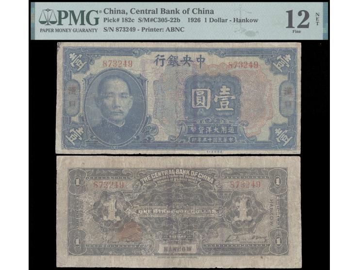 1926 Hankow $1, serial no. 873249. Signatures in large type. Scarce as without prefix letter in Serial No.. Fine, PMG12NET. S