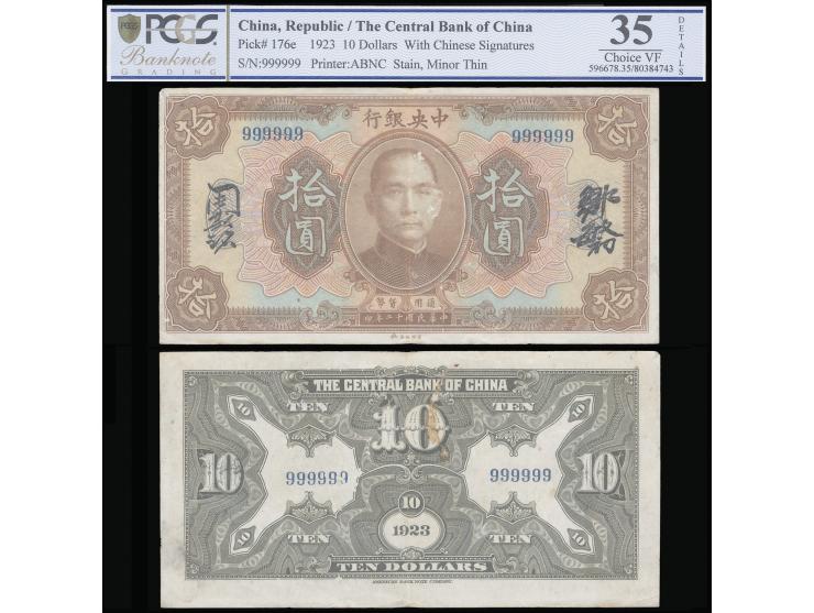Kwangtung 1923 $10, with Chinese signatures. Solid Serial No. 999999. See Mr. Yans's "Central Bank of China Silver Dollar Cur