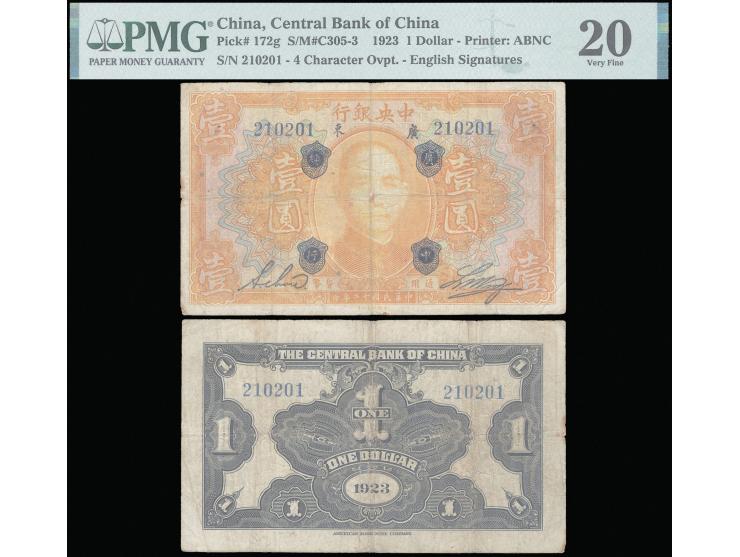 Kwangtung 1923 $1, “Central Bank of China Kwangtung” ovpt on front. Serial No. 210201. English signatures, without prefix let
