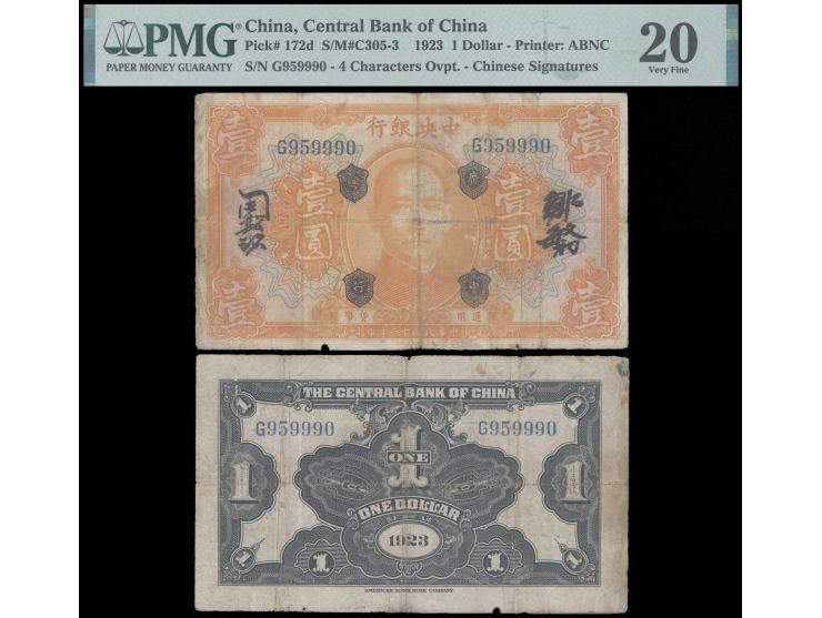 Kwangtung 1923 $1, “Central Bank of China Kwangtung” ovpt on front. Serial No. G959990. Chinese signatures, with prefix lette