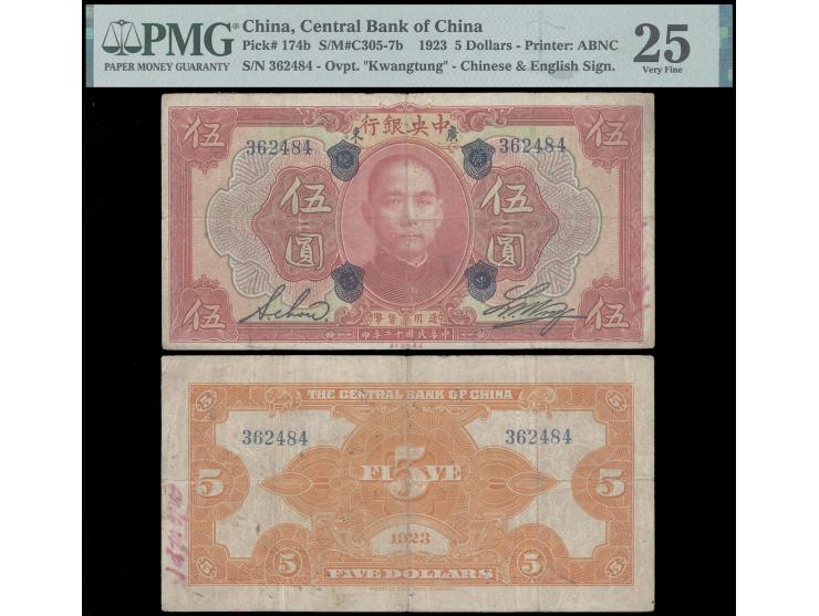 Kwangtung 1923 $5, “Central Bank of China Kwangtung” ovpt on front. Serial No. 362484. English signatures, without prefix let